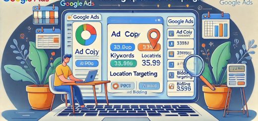 Illustration of a Google Ads dashboard for PPC campaign setup, showing keyword selection and ad targeting.