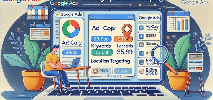 Illustration of a Google Ads dashboard for PPC campaign setup, showing keyword selection and ad targeting.