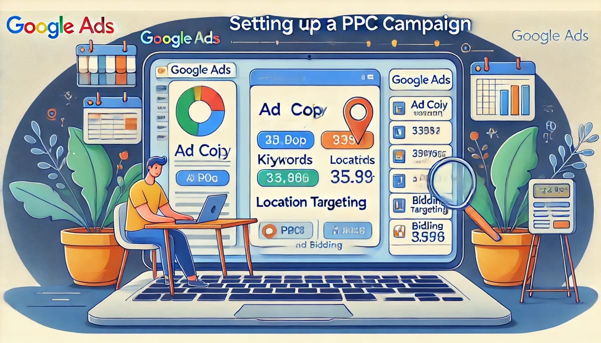 Illustration of a Google Ads dashboard for PPC campaign setup, showing keyword selection and ad targeting.