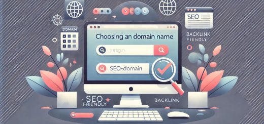 Illustration of a domain search bar with SEO-friendly check marks, representing the process of choosing a domain name.