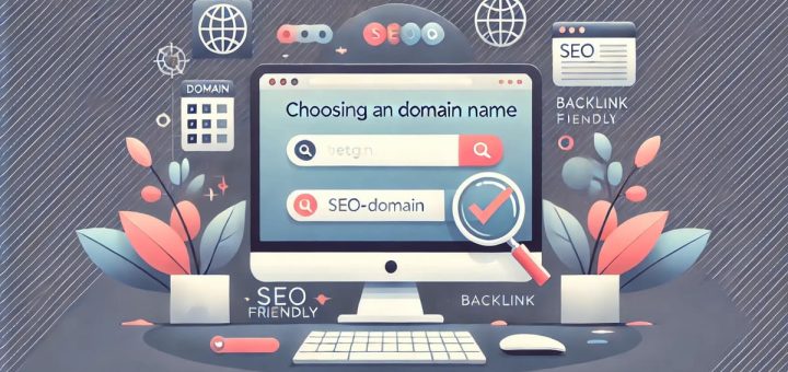 Illustration of a domain search bar with SEO-friendly check marks, representing the process of choosing a domain name.