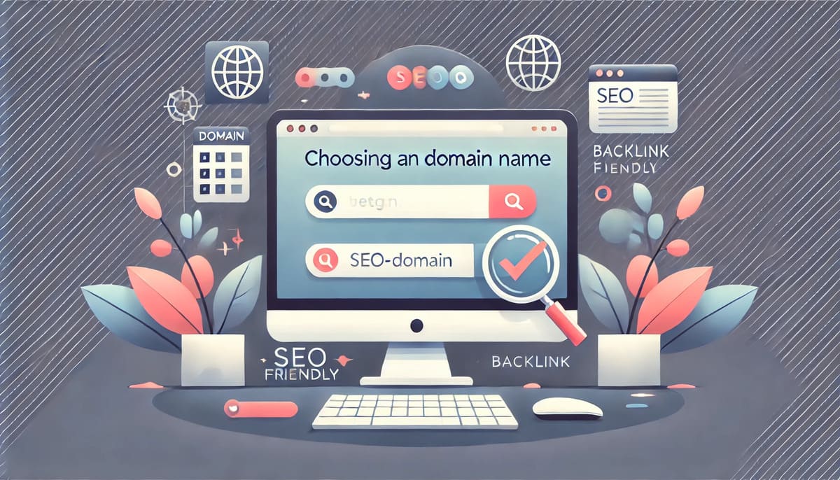 Illustration of a domain search bar with SEO-friendly check marks, representing the process of choosing a domain name.