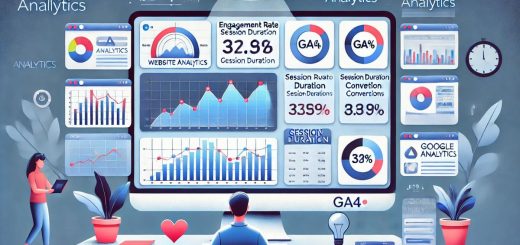 Person analyzing GA4 dashboard on a computer, tracking engagement rate, conversions, and content performance.