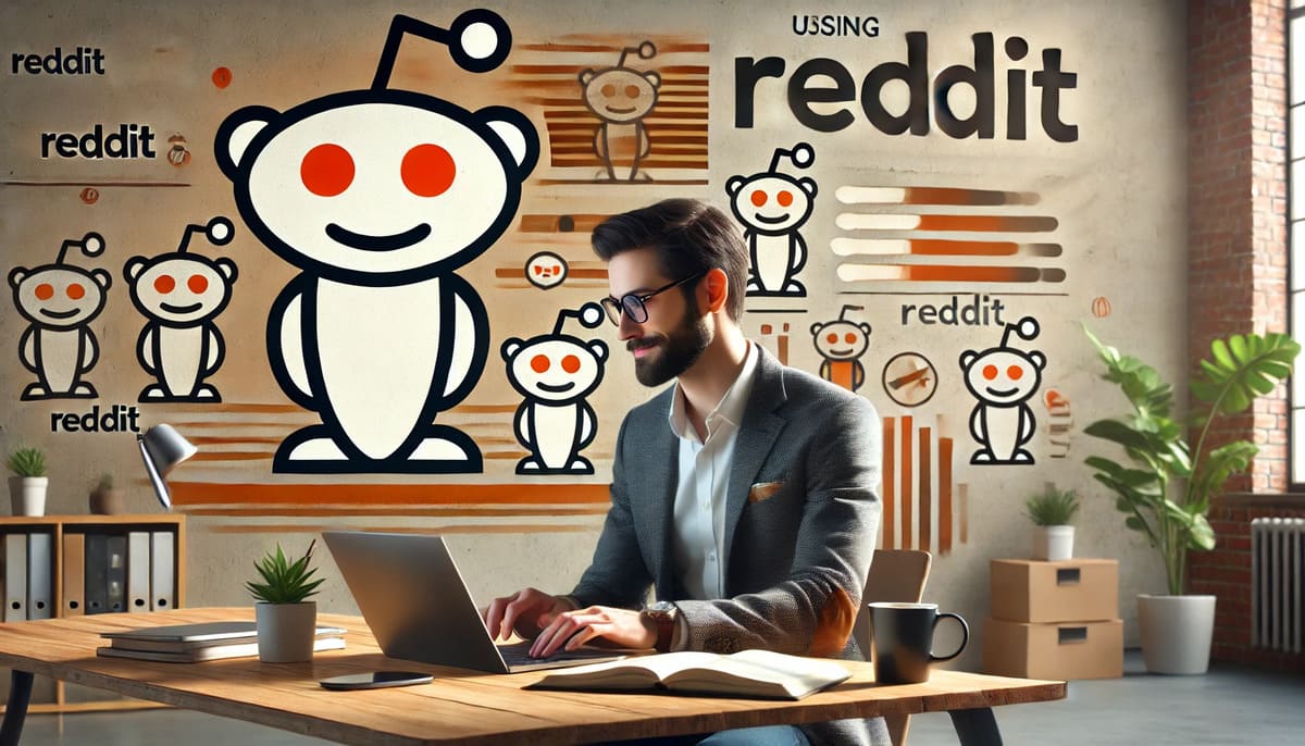 Business professional using Reddit on a computer, focusing on brand engagement and social media marketing.