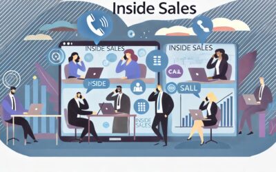 Illustration of virtual inside sales team connecting with clients via video calls and data tools.