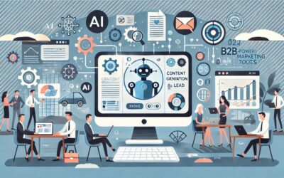 Illustration showing a computer with AI-powered B2B marketing tools for content creation and lead generation.