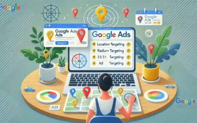 Business owner checking Google Ads dashboard with location targeting settings on a laptop.
