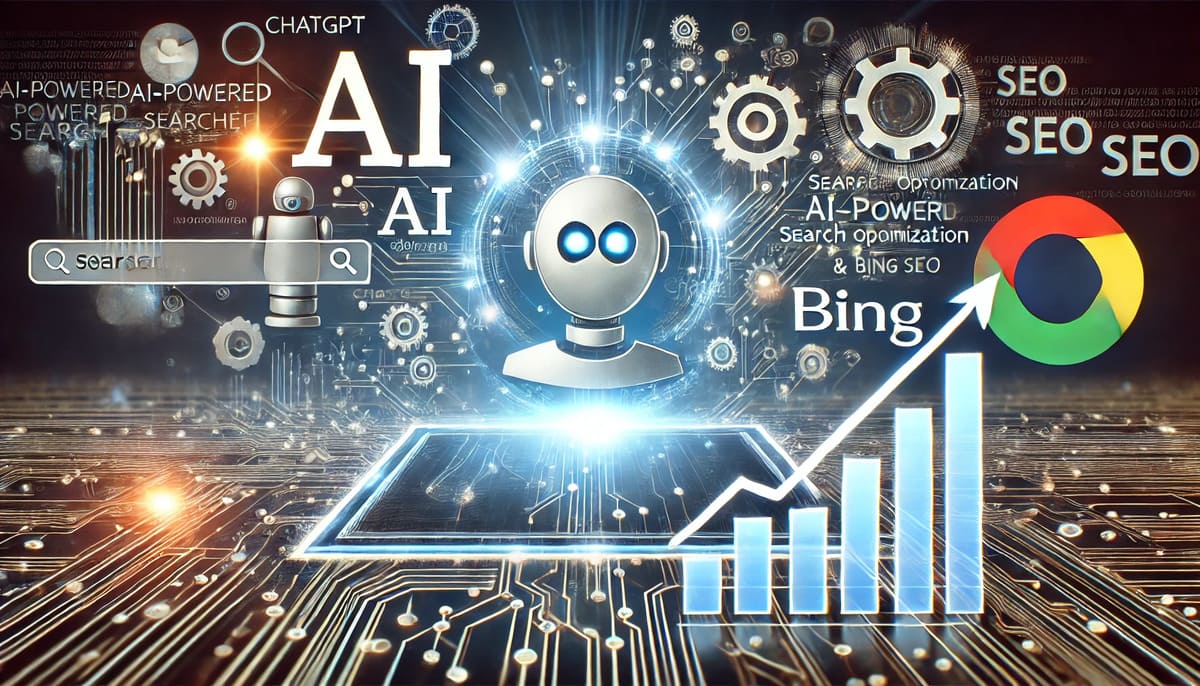 Illustration of a search engine interface with AI elements representing ChatGPT and Bing integration