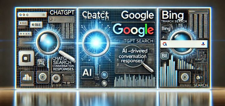 Comparison of ChatGPT Search, Google, and Bing features on a digital dashboard.