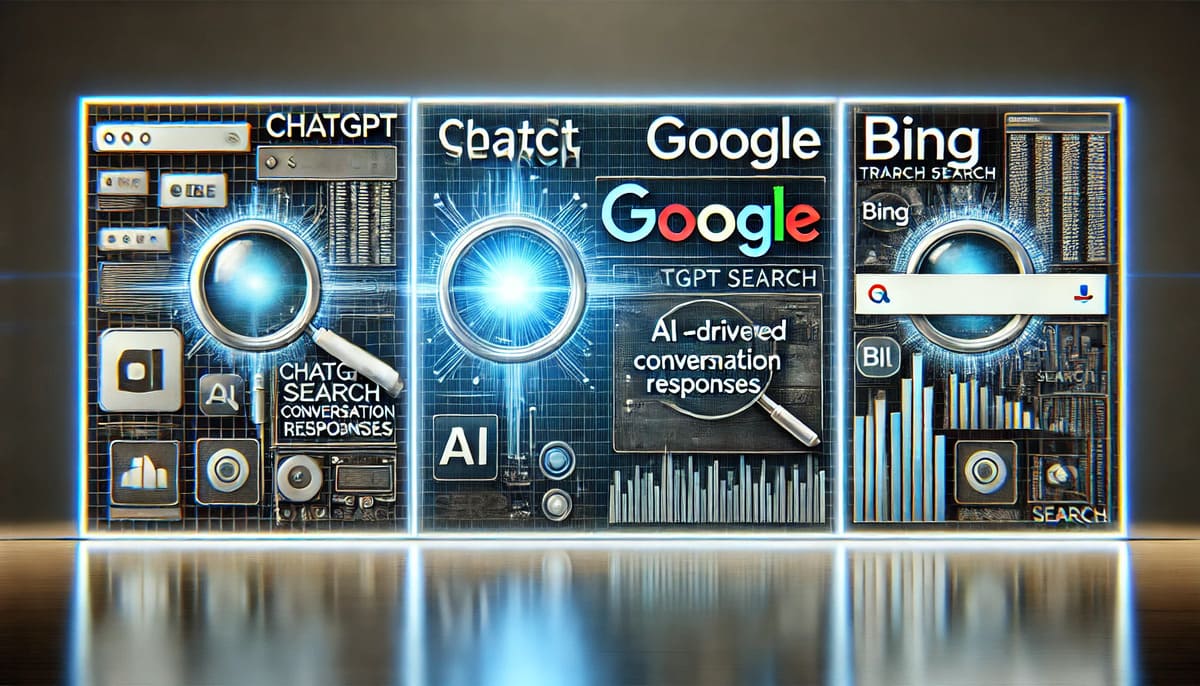 Comparison of ChatGPT Search, Google, and Bing features on a digital dashboard.