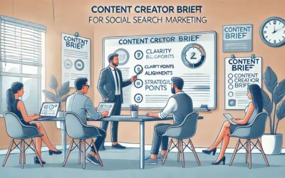 Collaborative workspace with a marketer discussing a content brief with a content creator, symbolizing strategy alignment.