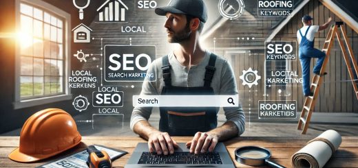 Roofer using a laptop to analyze SEO keywords with digital tools