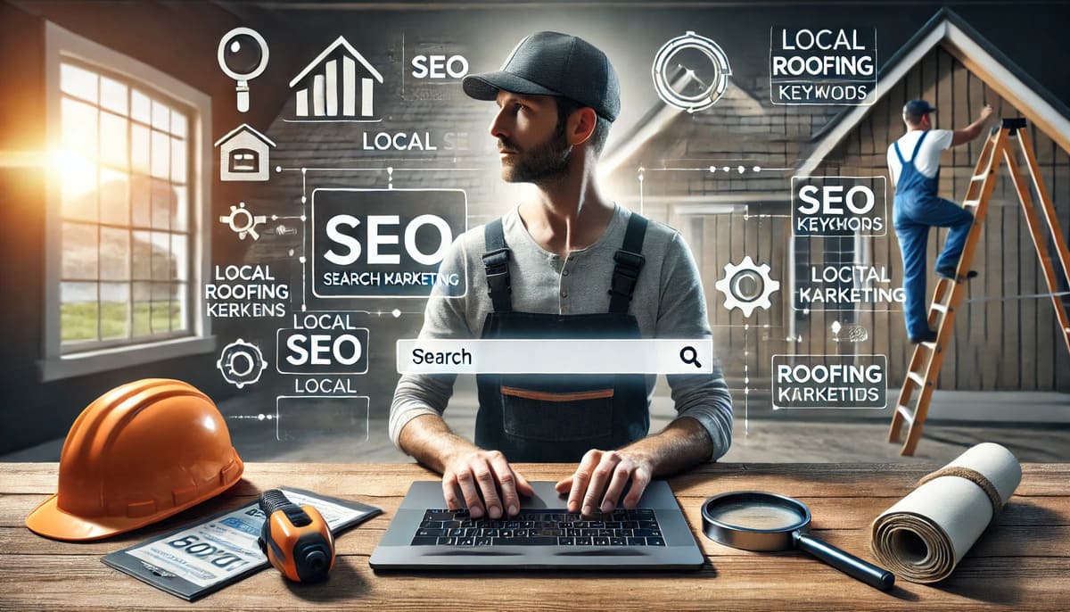 Roofer using a laptop to analyze SEO keywords with digital tools