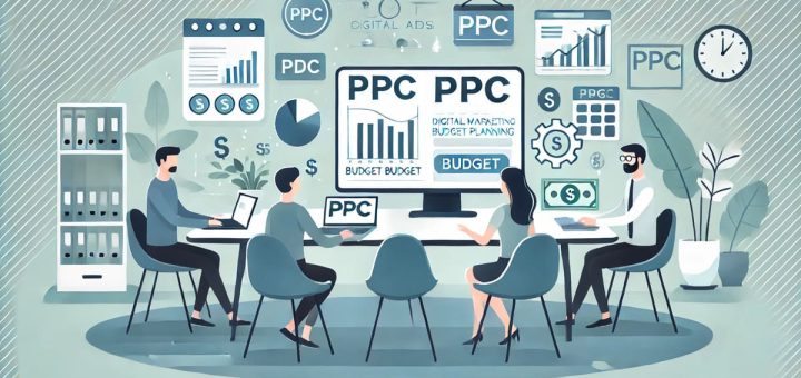 Digital marketing team planning a PPC budget with graphs and charts.