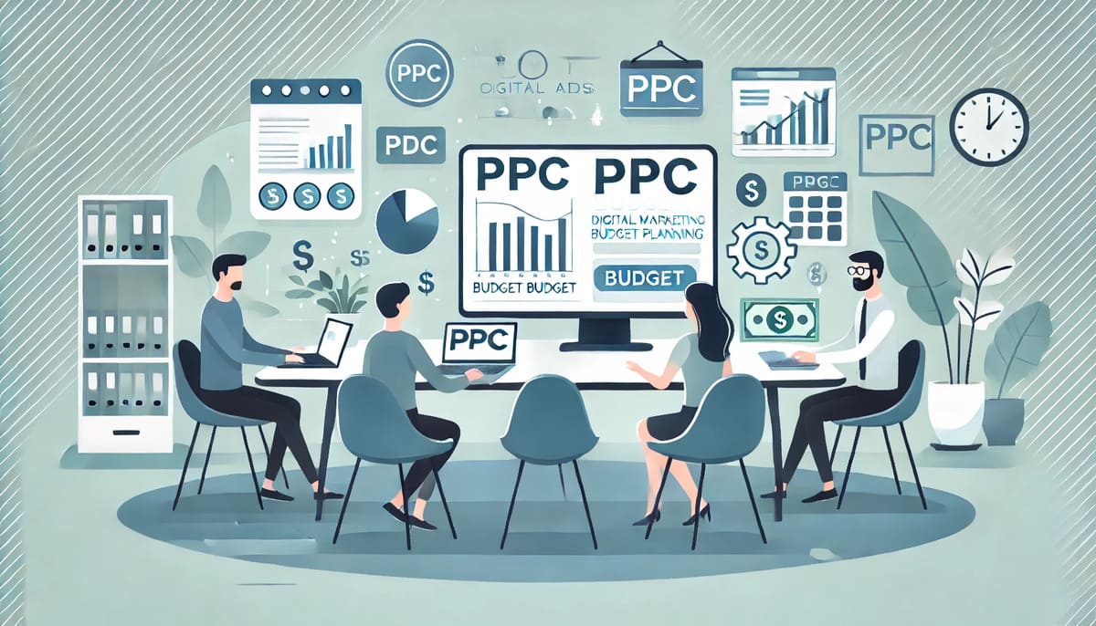 Digital marketing team planning a PPC budget with graphs and charts.