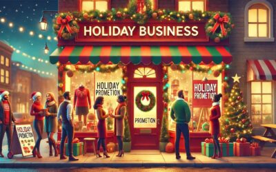 A festive small business storefront decorated for the holiday season, with customers interacting and holiday promotions displayed.