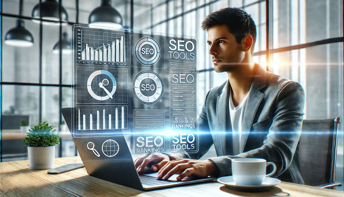 A person analyzing SEO data on a laptop, surrounded by various SEO tools and analytics charts.