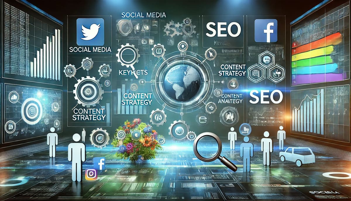 Visual representation of social media and SEO integration for online marketing.