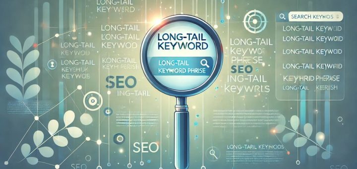 Illustration of a magnifying glass highlighting long-tail keywords on a search engine results page.