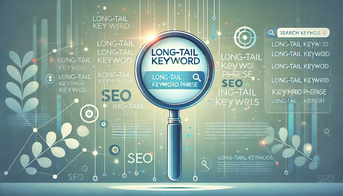 Illustration of a magnifying glass highlighting long-tail keywords on a search engine results page.