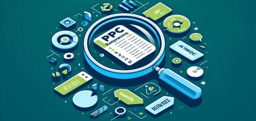 Digital illustration of PPC keyword research showing a magnifying glass over a list of keywords.