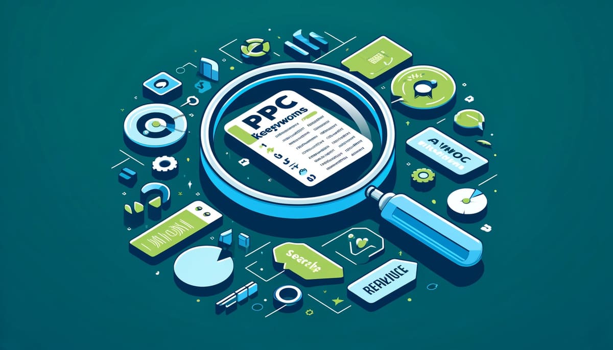 Digital illustration of PPC keyword research showing a magnifying glass over a list of keywords.