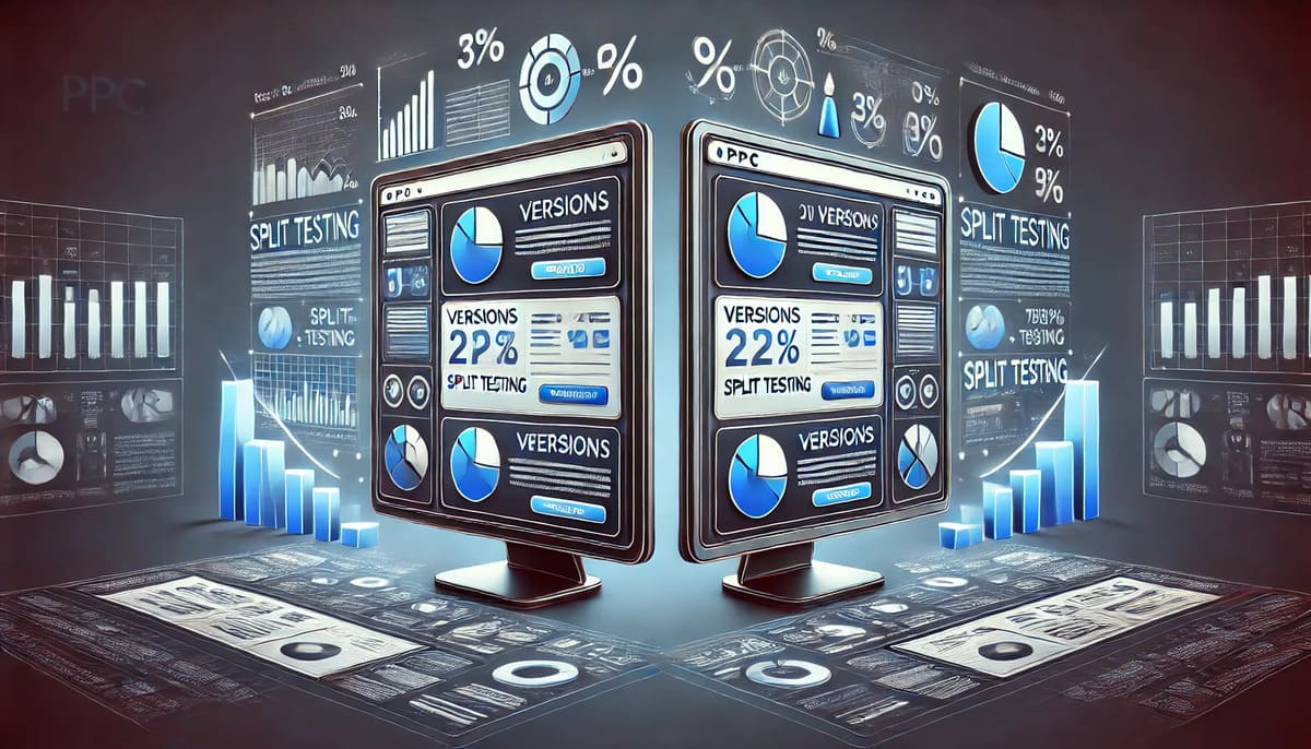 Illustration of PPC split testing process with two ads being compared.