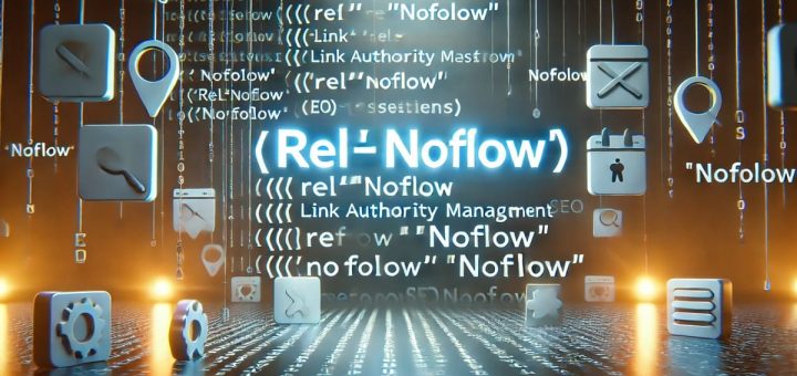 Illustration of a 'nofollow' link tag in HTML code with SEO symbols.