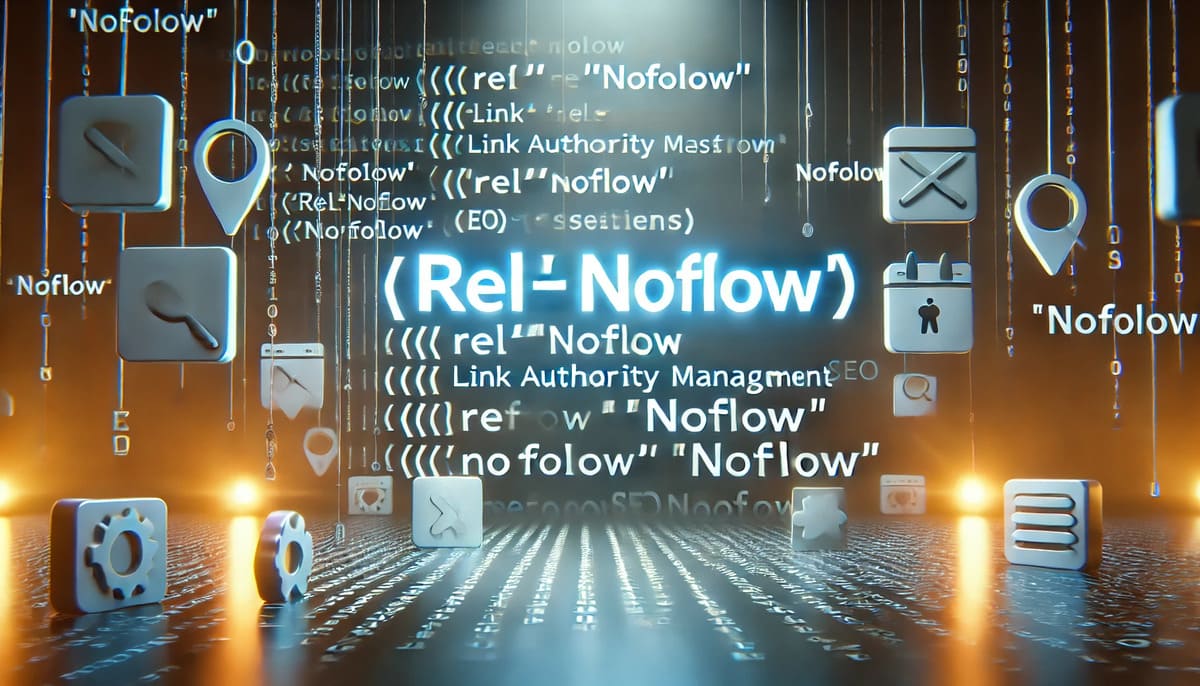 Illustration of a 'nofollow' link tag in HTML code with SEO symbols.