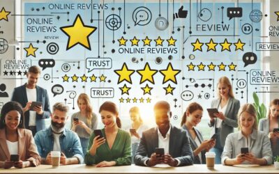 Customers leaving online reviews on mobile devices for a business.