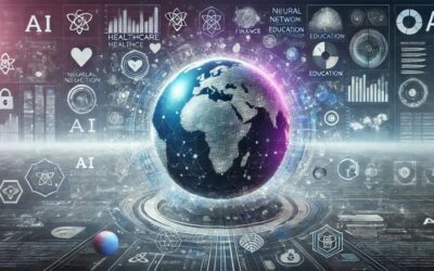 Futuristic digital illustration showing global AI influence across industries.