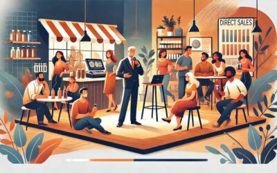 A vibrant illustration of a direct sales representative demonstrating products to a group at a social event." Image Title: "Direct Sales Success Guide