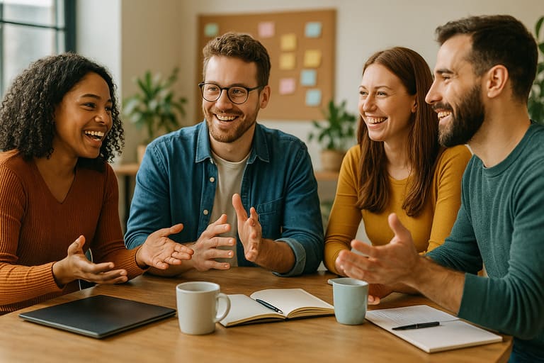 Diverse group collaborating to build a marketing community.