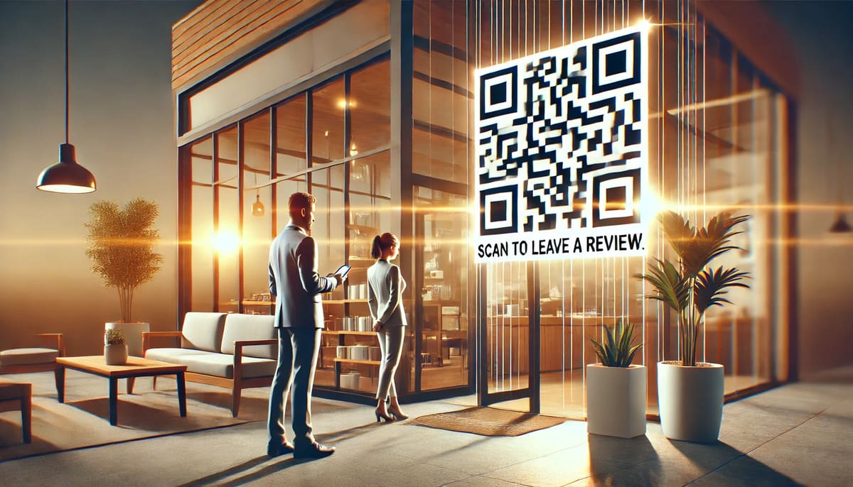 Customer scanning a QR code for Google review at a local store.