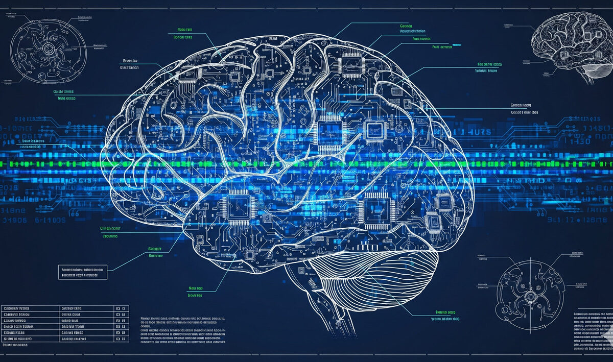 A conceptual blueprint of a brain made of electronic circuits, symbolizing technical SEO for AI and making a brand machine-readable for generative engine optimization.