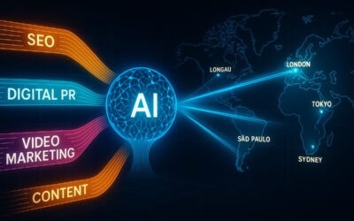 A visualization of a holistic AI Optimization Strategy, showing how converged data streams from PR, Video, and SEO influence a central AI model to achieve global market penetration.