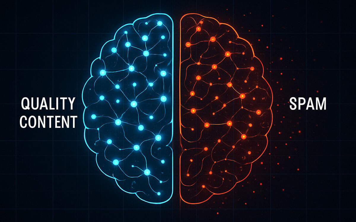An abstract image of a digital brain, SpamBrain, filtering out red spam signals and promoting blue quality signals.
