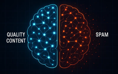 An abstract image of a digital brain, SpamBrain, filtering out red spam signals and promoting blue quality signals.