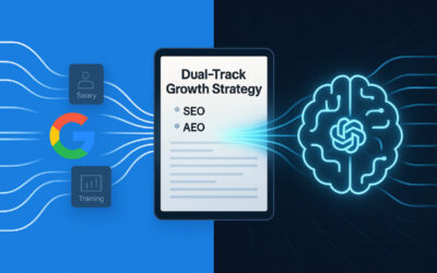 A split-screen image showing the Google logo on one side and a neural network icon for ChatGPT on the other, with data streams flowing into a central marketing strategy document.