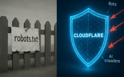 A visual comparison of Cloudflare vs robots.txt, showing a weak paper robots.txt sign versus a strong Cloudflare digital security shield deflecting AI web crawlers.