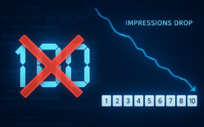A conceptual image showing the Google &num=100 parameter shattering, illustrating the 10x cost increase for SEO rank tracking and the resulting desktop impressions drop.