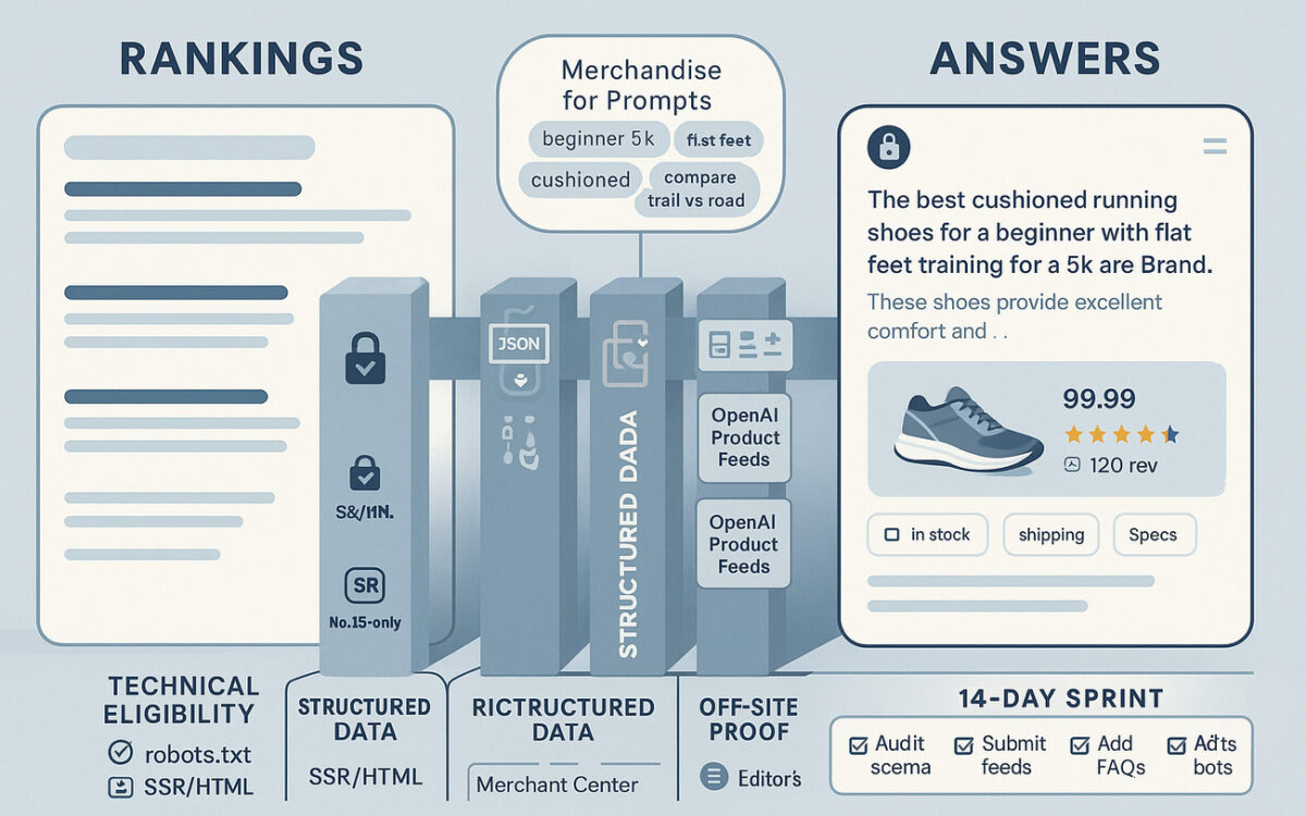 A conceptual image showing a traditional bar graph evolving into a glowing, complex neural network, representing the strategic shift from classic SEO rankings to AI-driven search answers for ecommerce.