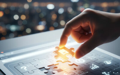 A digital strategist's hand places a final glowing puzzle piece into a SERP interface, symbolizing a successful and complete People Also Ask SEO strategy.