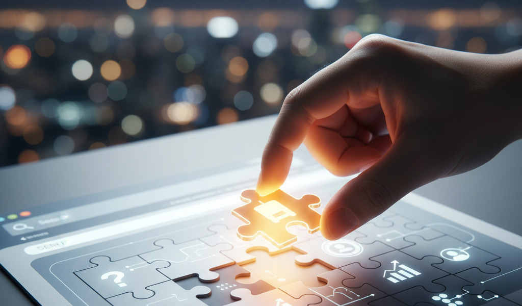A digital strategist's hand places a final glowing puzzle piece into a SERP interface, symbolizing a successful and complete People Also Ask SEO strategy.