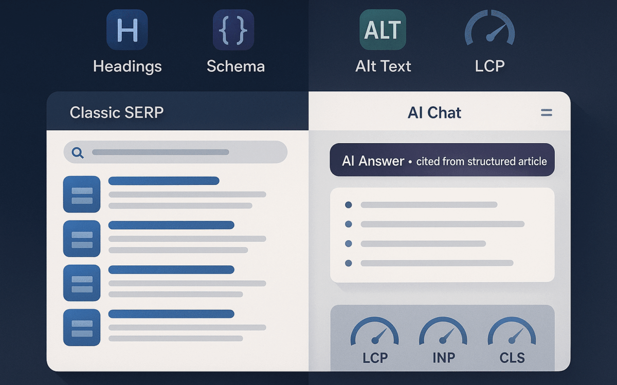 Editorial illustration contrasting a classic search results page with an AI assistant answer citing structured content and Core Web Vitals.