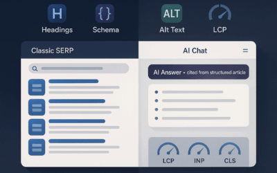 Editorial illustration contrasting a classic search results page with an AI assistant answer citing structured content and Core Web Vitals.