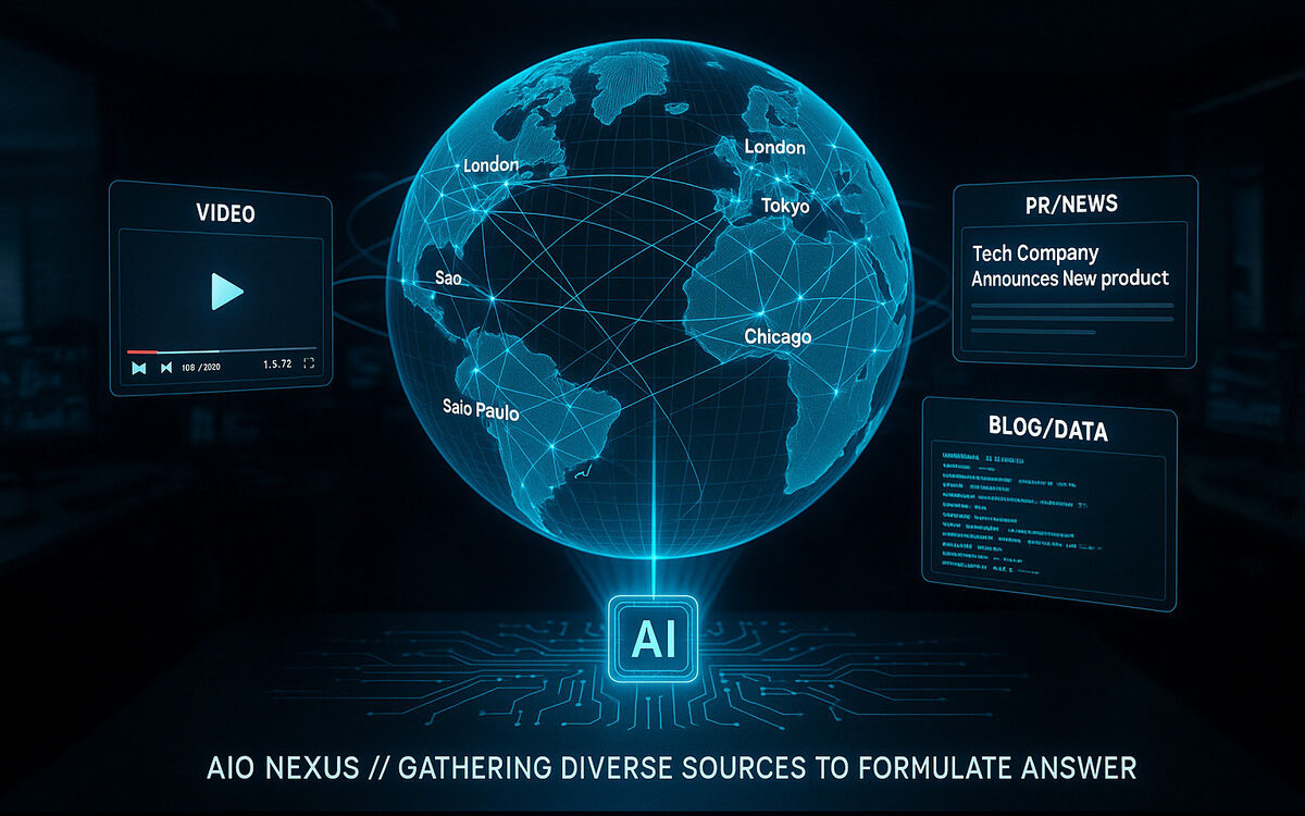 A holistic AI Optimization Strategy concept image showing an AI core sourcing data from video, PR, and blogs to influence a global market.