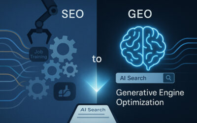 A conceptual image illustrating the evolution from traditional SEO, represented by mechanical gears, to Generative Engine Optimization (GEO), shown as a glowing neural network, symbolizing the shift to AI visibility and AI search citations.