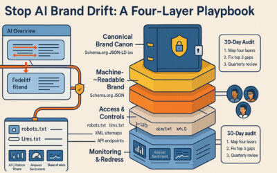 An abstract visualization of LLM brand governance, where a four-layered digital framework filters chaotic data particles to protect a company's core brand identity, represented as a stable, glowing blue orb.