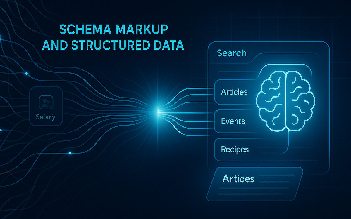 A 3D visualization of structured data flowing from a network into an AI search engine, illustrating the core concept of structured data SEO for AI search visibility.